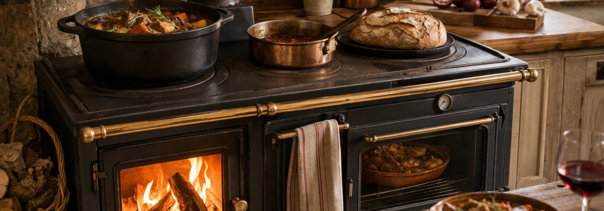 plats mijotés sur une cuisinière à bois dans une cuisine rustique illustrant la cuisson au feu de bois