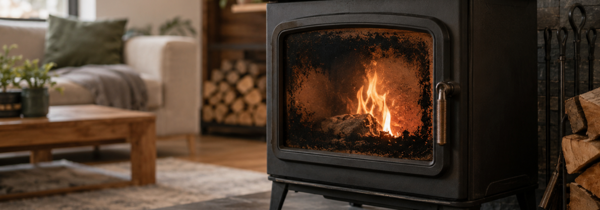 Poêle à bois avec vitre noircie par les dépôts de combustion